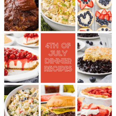 Looking for Classic 4th of July Dinner Recipes? We've got you covered! From BBQ ribs and burgers to potato and pasta salad to festive cookies and pies, here we share some of our absolute favorites! The image is a college of our favorite 4th of July menu items with main dishes, sides, and desserts.