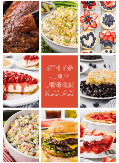 Looking for Classic 4th of July Dinner Recipes? We've got you covered! From BBQ ribs and burgers to potato and pasta salad to festive cookies and pies, here we share some of our absolute favorites! The image is a college of our favorite 4th of July menu items with main dishes, sides, and desserts.