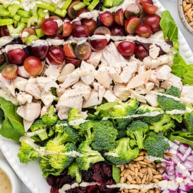 This Chicken and Broccoli salad is the perfect summer salad; no cooking is required, it is easy to prepare, and ready to eat in minutes. We love the balance of flavors and textures with the chicken, broccoli, grapes, celery, greens, dried cranberries, sunflower seeds, and red onion, all brought together with a sweet poppy seed dressing. Here the image is pictured overhead with the salad arranged on a large oval platter, and the dressing drizzled over the top.