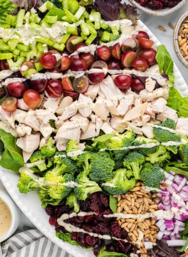 This Chicken and Broccoli salad is the perfect summer salad; no cooking is required, it is easy to prepare, and ready to eat in minutes. We love the balance of flavors and textures with the chicken, broccoli, grapes, celery, greens, dried cranberries, sunflower seeds, and red onion, all brought together with a sweet poppy seed dressing. Here the image is pictured overhead with the salad arranged on a large oval platter, and the dressing drizzled over the top.