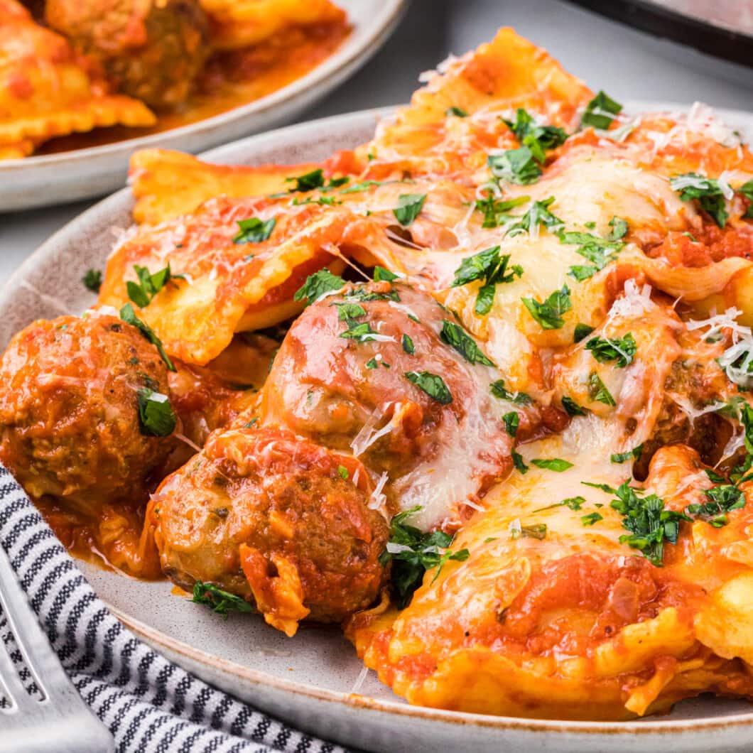 Crockpot Ravioli Meatball Casserole